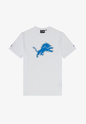 White short-sleeve t-shirt featuring a blue lion logo on the front. Cotton material with a crew neck design.
