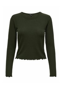 Grünes, geripptes Langarmshirt mit rundem Ausschnitt und gekürztem Saum. Verfügt über einen gewellten Rand am unteren Ende und enganliegende Ärmel.