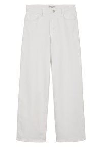 Vita vida jeans med hög midja, med fem fickor, knappar och bältesöglor. Tillverkade av denimtyg med en slät yta.