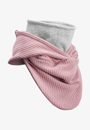 Gestrickter Schal mit einer strukturierten pinken Außenseite und einem weichen grauen Fleece-Innenfutter. Verfügt über ein Schlaufen-Design, das Wärme und Schutz bietet.