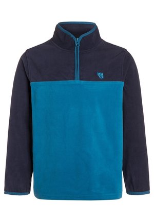 Fleecepullover med lange ærmer, mørkeblå øverste del, turkis nederste del, kvart lynlås foran, opretstående krave og lille turkis logo på venstre bryst.