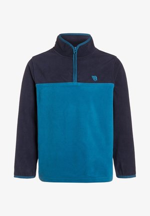 Fleecepullover med lange ærmer, mørkeblå øverste del, turkis nederste del, kvart lynlås foran, opretstående krave og lille turkis logo på venstre bryst.