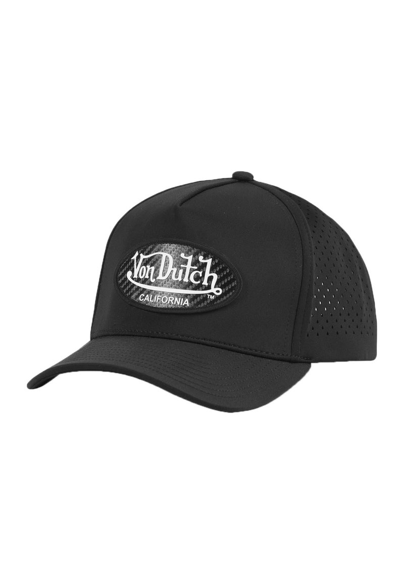 Casquette noire avec un devant solide, des côtés en maille et une visière incurvée. Présente un patch ovale proéminent avec "Von Dutch" et "California" en lettres blanches.