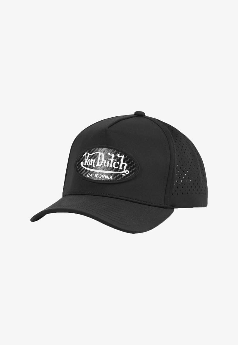 Casquette noire avec un devant solide, des côtés en maille et une visière incurvée. Présente un patch ovale proéminent avec "Von Dutch" et "California" en lettres blanches.