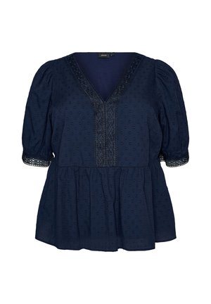 Blusa azul marino con mangas abullonadas, escote en V acabado con encaje, tela texturizada con puntos y cintura con peplum.