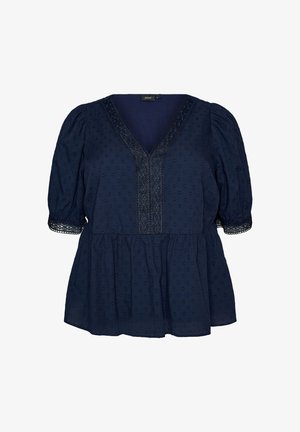 Navy blue blouse with puff sleeves, V-neck trimmed with lace, textured dotted fabric, and peplum waist.
