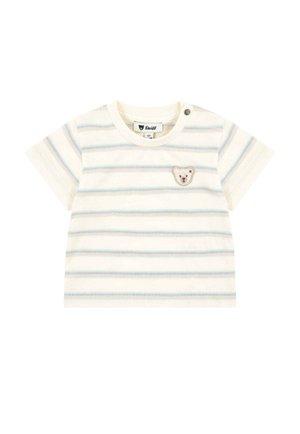 White short-sleeve shirt with multicolored horizontal stripes and a small bear patch on the chest. Features a round neckline and side snap.