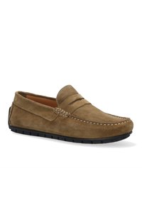 Brune ruskinds loafers med en tekstureret finish, der har syede detaljer, en rund tå og en sort gummisål for godt fodfæste.