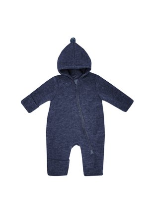 Navy blue hooded baby jumpsuit with long sleeves, zipper closure, and folded cuffs on a white background.