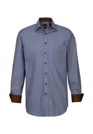 Camicia a maniche lunghe con bottoni di colore blu, decorata con piccoli motivi geometrici, rifiniture marroni sui polsini e una tasca sul petto. Tessuto in misto cotone.