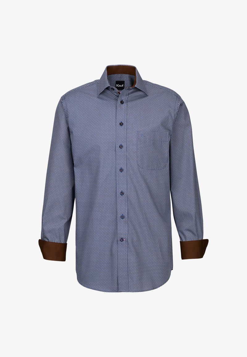 Camicia a maniche lunghe con bottoni di colore blu, decorata con piccoli motivi geometrici, rifiniture marroni sui polsini e una tasca sul petto. Tessuto in misto cotone.