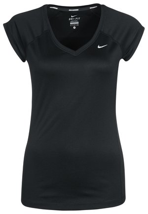 Zwart Nike Dri-FIT hardloopshirt voor dames met korte mouwen, V-hals en wit Nike-swooshlogo op de borst.