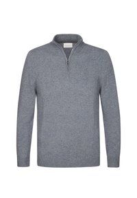 Grauer Pullover mit Reißverschluss am Hals, aus weichem Strickstoff, mit langen Ärmeln und gerippter Struktur. Minimalistisches Design ohne Muster oder Akzente.