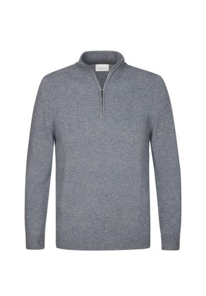 Grijze sweater met ritssluiting, gemaakt van een zacht gebreid stof, met lange mouwen en een geribbelde textuur. Minimalistisch ontwerp zonder patronen of accenten.