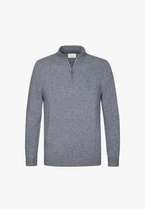 Grijze sweater met ritssluiting, gemaakt van een zacht gebreid stof, met lange mouwen en een geribbelde textuur. Minimalistisch ontwerp zonder patronen of accenten.