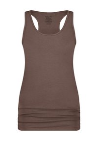 Braunes, figurbetontes Tanktop aus glattem Material mit breiten Schulterträgern und gerafftem Detail am Saum. Klassisches, ärmelloses Design.