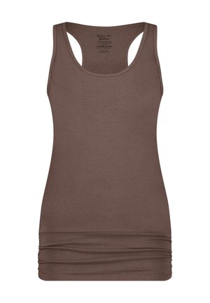 Bruine, fitte tanktop gemaakt van gladde stof met brede schouderbanden en gerimpelde details aan de zoom. Klassiek, mouwloos ontwerp.