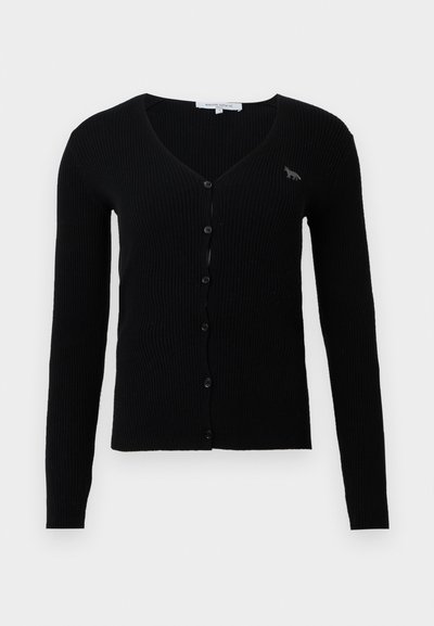 Cardigan negru cu maneci lungi, texturat, cu decolteu în V, nasturi frontali și un mic logo de vulpe pe partea stângă a pieptului.