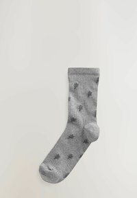 Gray cotton sock with a ribbed cuff and scattered dark gray leaf patterns. Features a reinforced heel and toe for durability.
