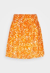 Orange-mönstrad kjol med elastisk midja, prydd med ett blommigt mönster i nyanser av orange och vitt, tillverkad av lättviktig tyg.