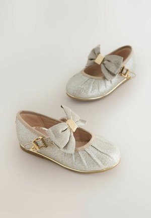 Sølvglitrende balletflade sko med en sløjfe, beige kant og guldfarvede detaljer. Har plisserede detaljer på overdelen.