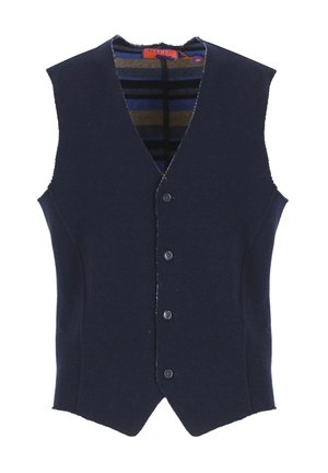 Marineblaue Wollweste mit V-Ausschnitt, fünf Knopfverschlüssen und einem gefütterten Innenfutter mit einem Muster aus horizontalen Streifen in Braun und Blau.