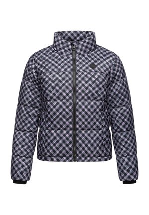 Puffjacke im schwarz-lila Hahnentritt-Muster, mit hohem Kragen, durchgehendem Reißverschluss und gerippten Bündchen für zusätzliche Wärme.