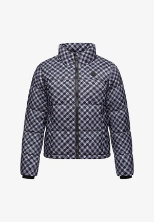 Juodas pūkinis švarkas su lavandos spalvos šunų dantų raštu, turintis aukštą apykaklę, priekinių užtrauktuką ir raukšlėtus rankogalius šilumai.