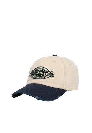 Beżowa i granatowa czapka baseballowa z haftowanym zielonym logo z napisem „Superdry Fine Vintage Goods Hand of Quality 1954” na przednim panelu.