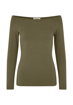 Olivenfarget langermet topp med avtagbare skuldre, laget av myk, ribbet stoff, med en tettsittende silhuett og sømløs halslinje.