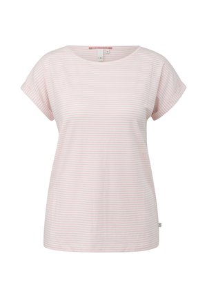T-shirt blanc à manches courtes pour femme avec fines rayures horizontales roses et un col rond.