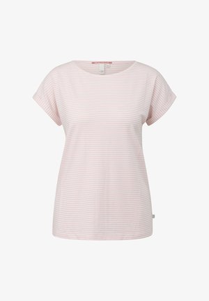 T-shirt blanc à manches courtes pour femme avec fines rayures horizontales roses et un col rond.