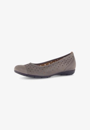 Gray flat shoe with perforated square patterns, rounded toe, and black rubber sole.