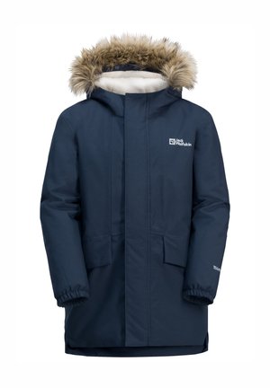 Parka bleu marine avec garniture de capuche en fausse fourrure, poignets élastiques, deux poches avant et fermeture éclair sur le devant, fabriqué en matériau résistant à l'eau.