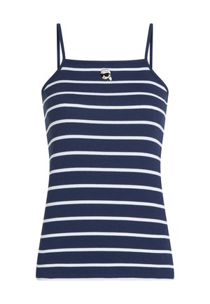Top fără mâneci cu dungi orizontale albastre închis și albe, cu bretele subțiri și o mică față brodată purtând ochelari de soare pe piept.
