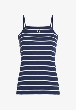 Námořnicky modrý a bílý horizontálně pruhovaný top bez rukávů s tenkými ramínky a malou vyšívanou tváří se slunečními brýlemi na hrudi.