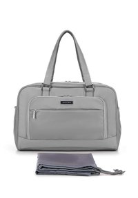 Sac fourre-tout en nylon gris avec doubles poignées, poche zippée à l'avant, design épuré et une pochette de rangement pliable assortie incluse.