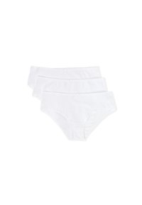 Tre paia di slip in cotone bianco, caratterizzati da una textura liscia e un design semplice con piccoli fiocchi decorativi sul davanti.