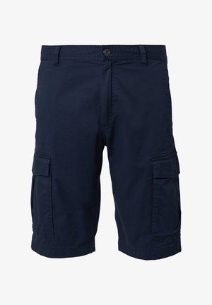 Shorts cargo bleu marine en coton. Comprend deux poches latérales, deux poches cargo, une fermeture à bouton et une coupe régulière.
