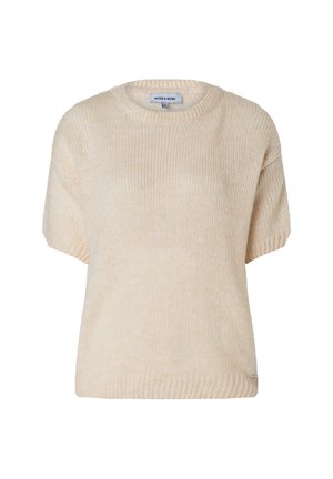 Beiger kurzärmeliger Strickpullover mit Rippenbund und Bündchen, Rundhalsausschnitt und kleinem Markenzeichen an der unteren Seite.