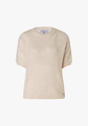 Beiger kurzärmeliger Strickpullover mit Rippenbund und Bündchen, Rundhalsausschnitt und kleinem Markenzeichen an der unteren Seite.