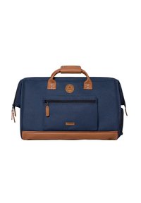 Navy Baumwoll-Dufflebag mit hellbraunen Lederakzenten, ausgestattet mit einem oberen Tragegriff, einer vorderen Reißverschlusstasche und einer rechteckigen Form.