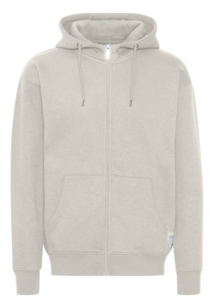 Helle graue Zip-Hoodie aus weichem, strukturiertem Stoff, mit Kapuze, Vordertaschen und gerippten Bündchen und Saum.