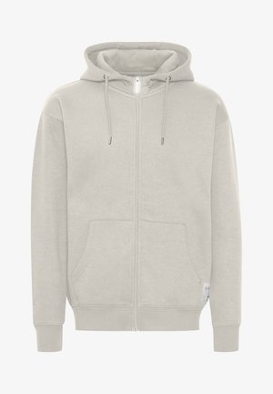 Svijetlo siva zip-up hoodie napravljena od mekanog, teksturiranog materijala, s kapuljačom, prednjim džepovima i rebrastim manžetama i rubom.