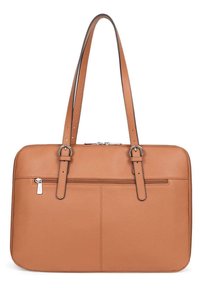Borsa per laptop in pelle marrone con doppie maniglie superiori, chiusura con zip, tasca frontale, forma rettangolare e texture sottile.