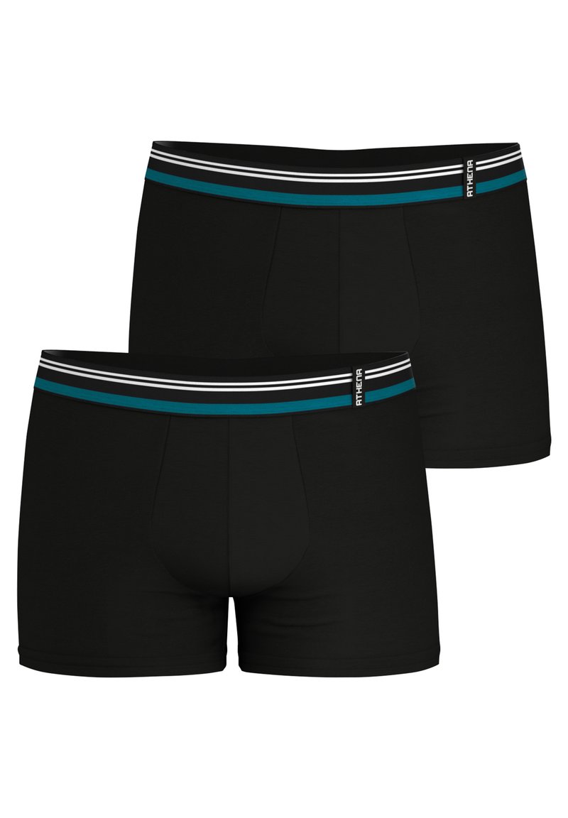 Boxer shorts en coton noir avec une coupe ajustée, présentant une ceinture colorée avec trois rayures horizontales en bleu et blanc.