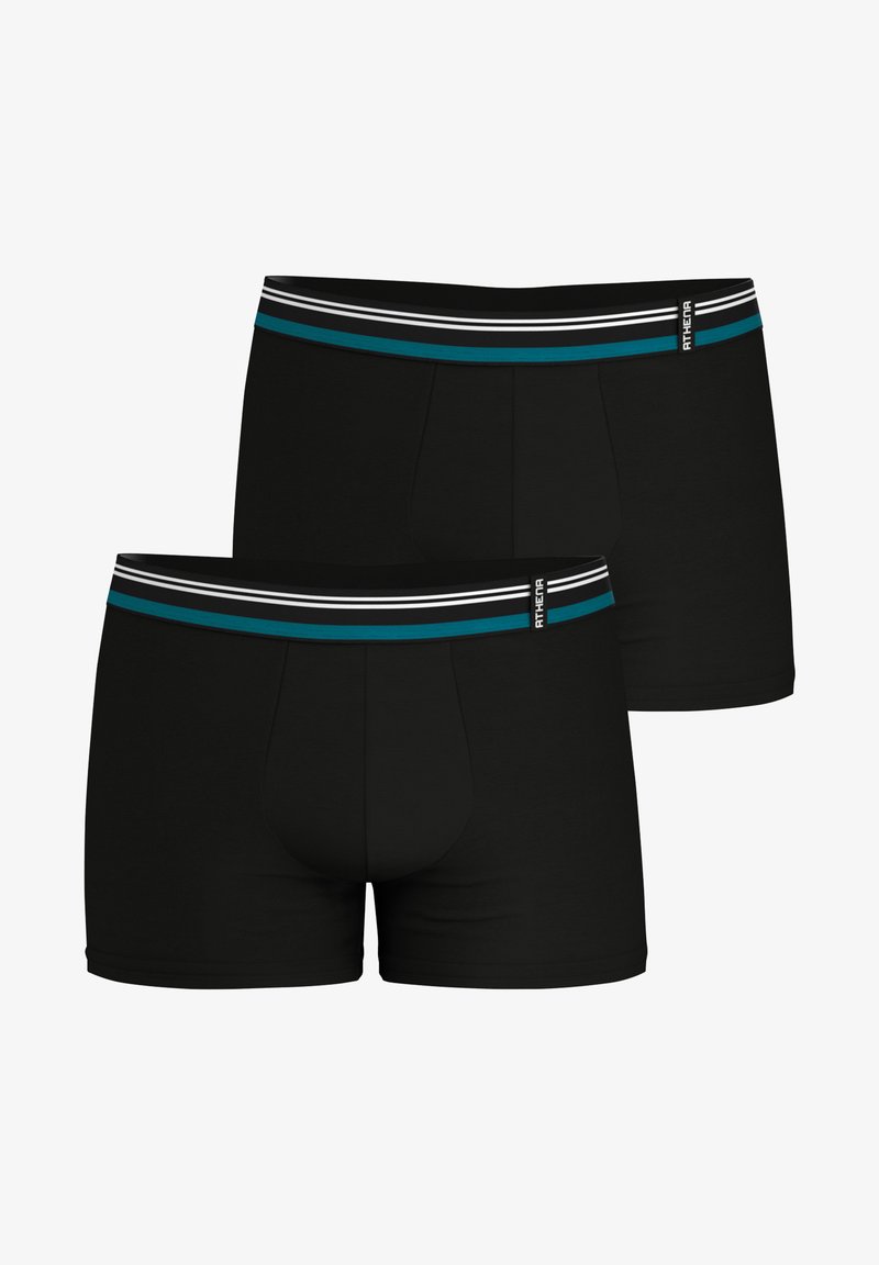 Boxer shorts en coton noir avec une coupe ajustée, présentant une ceinture colorée avec trois rayures horizontales en bleu et blanc.