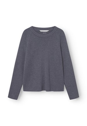 Pikkade varrukatega ümarakaelusega halli värvi kudumiskampsun, millel on soonilised kaelus ja mansetid, valgel taustal.