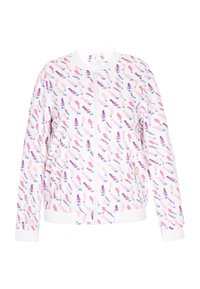 Vit bomberjacka med blommönster i rosa, lila och blått. Har dragkedja framtill, ribbade muddar och en slät yta.