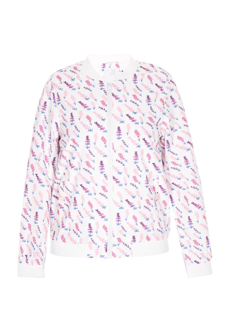Vit bomberjacka med blommönster i rosa, lila och blått. Har dragkedja framtill, ribbade muddar och en slät yta.